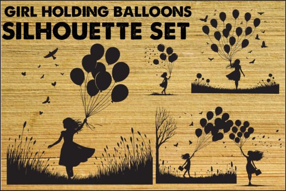 Download Girl with Balloons Silhouette Set - Silhouette set Collection